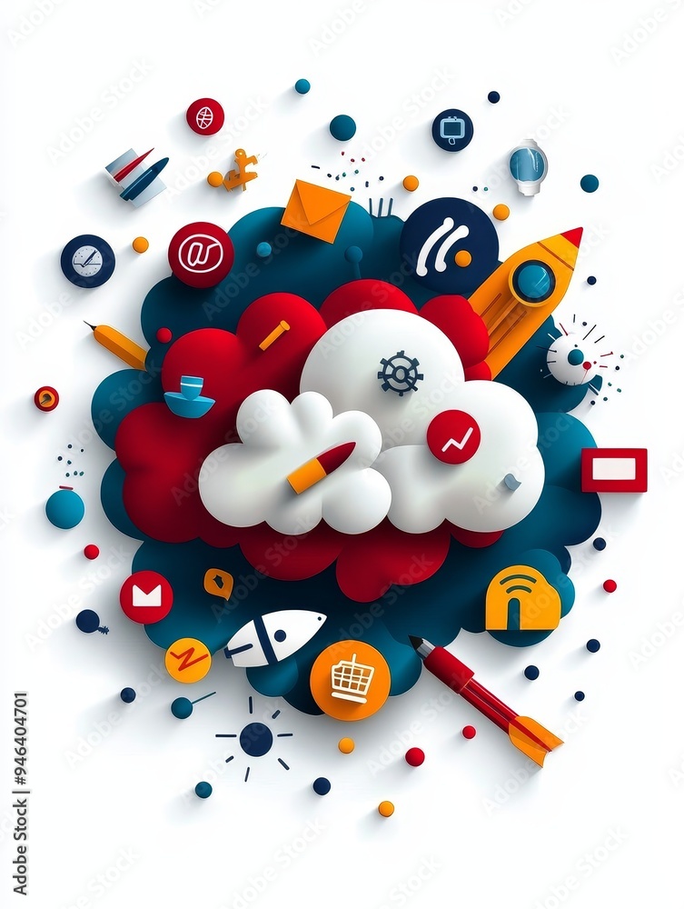 Wall mural A vibrant and colorful abstract illustration depicting a cloud composed of red, white, and blue shapes, symbolizing innovation, technology, and connectivity. Various icons representing digital element