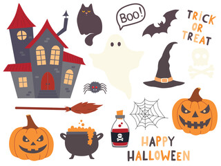 Set vector illustration of quirky fun Halloween trick or treat design elements, such as bats, pumpkins, and more.