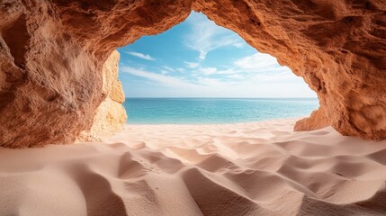 A sunny beach with golden sands and a calm blue ocean, framed beautifully by the opening of a sandy cave, creating a picturesque coastal scene.