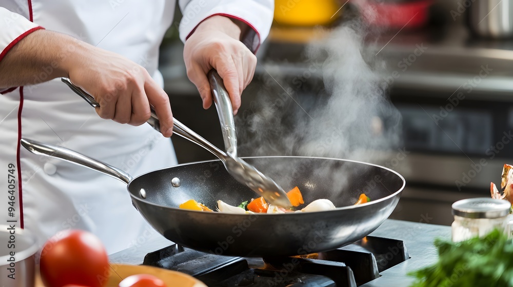 Wall mural Chef tosses vegetables in a hot pan.