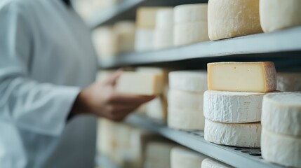 A cheesemonger in a storage facility organizing shelves filled with various types of cheese, demonstrating the dedication to maintaining quality standards and variety in cheese selection. - Powered by Adobe