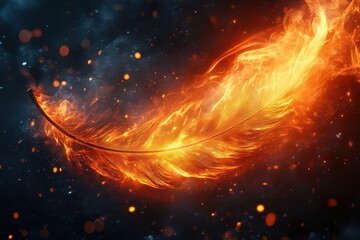 mythical phoenix feather ablaze with magical fire swirling flames sparks and embers vibrant oranges and reds dark smoky background dynamic composition