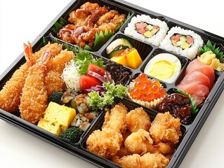 Japanese Bento Box A Colorful Array of Crispy Shrimp Sushi Rolls and More 177 characters