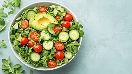 Fresh vegetarian salad bowl, filled with vibrant greens, cherry tomatoes, cucumbers, and avocados, flat design, top view, summer theme