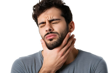 Fototapeta premium Close up Young man having sore throat and touching his neck