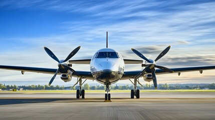 Fototapeta premium A white turboprop plane sits on the tarmac. 