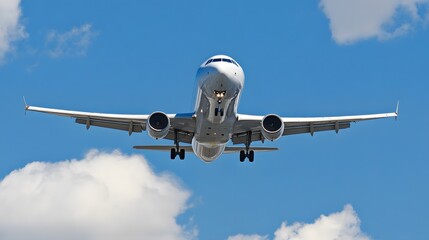 Obraz premium A white passenger airplane descends towards the runway.