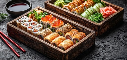 A Feast of Flavors Closeup of sushi rolls in wooden boxes highlighting sesame seeds red caviar and fresh ingredients