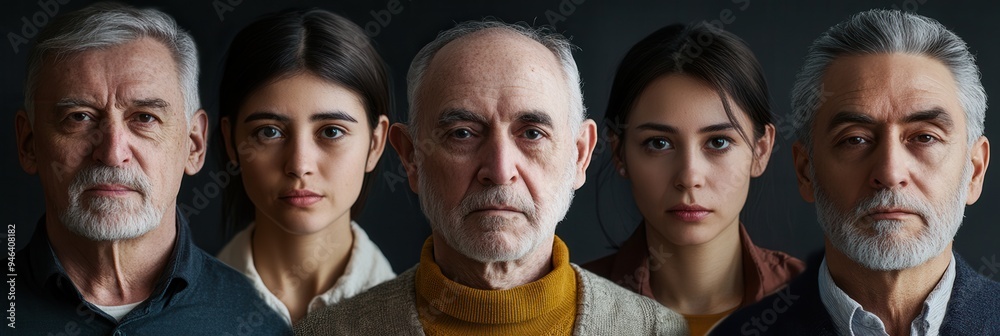 Fototapete five people of different ages stand close together, each exhibiting a unique expression while facing