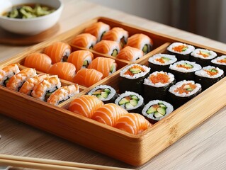 A HighAngle View of a Wooden Sushi Box Filled with Salmon Shrimp and Avocado Maki Rolls