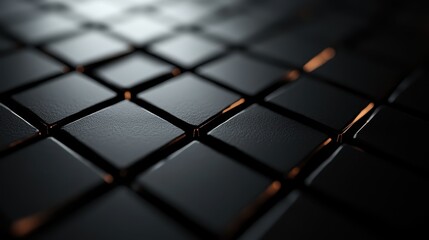 Image of symmetrical dark squares with a polished texture finish. The orderly arrangement and lighting create a strong visual impact, emphasizing modern design aesthetics.