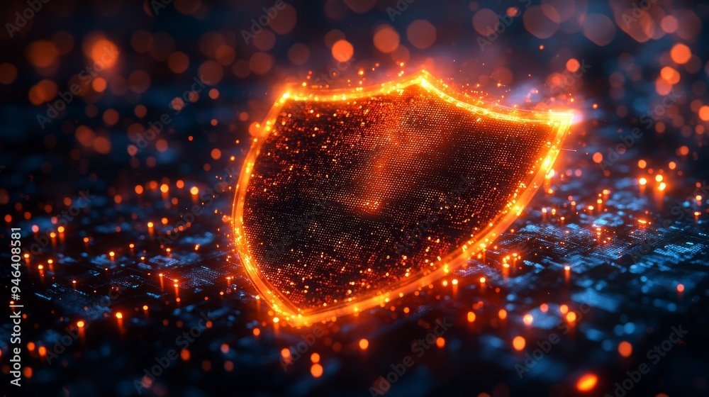 Poster a shimmering holographic shield symbol glows brightly, representing data protection amidst a backdro
