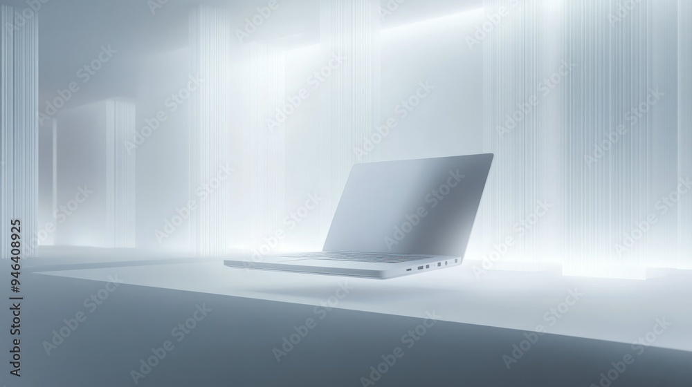 Poster a closed laptop rests on a white table in a white room with vertical lines