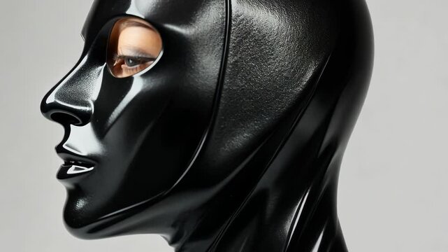 Woman in black latex suit on light background, bdsm fetish concept