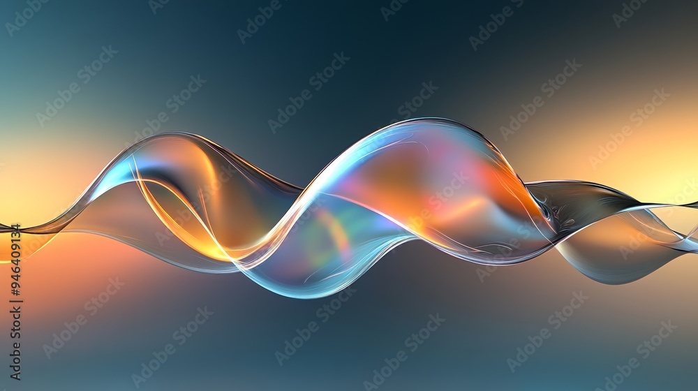 Poster An abstract image of a wavy, translucent, iridescent light form against a blurred blue and orange background. The image symbolizes movement, fluidity, and the interplay of light and shadow.