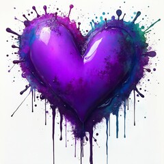 Abstract purple heart painting with splashes of vibrant colors on a white background, symbolizing love, mystery, and creativity in a bold and expressive art style.
