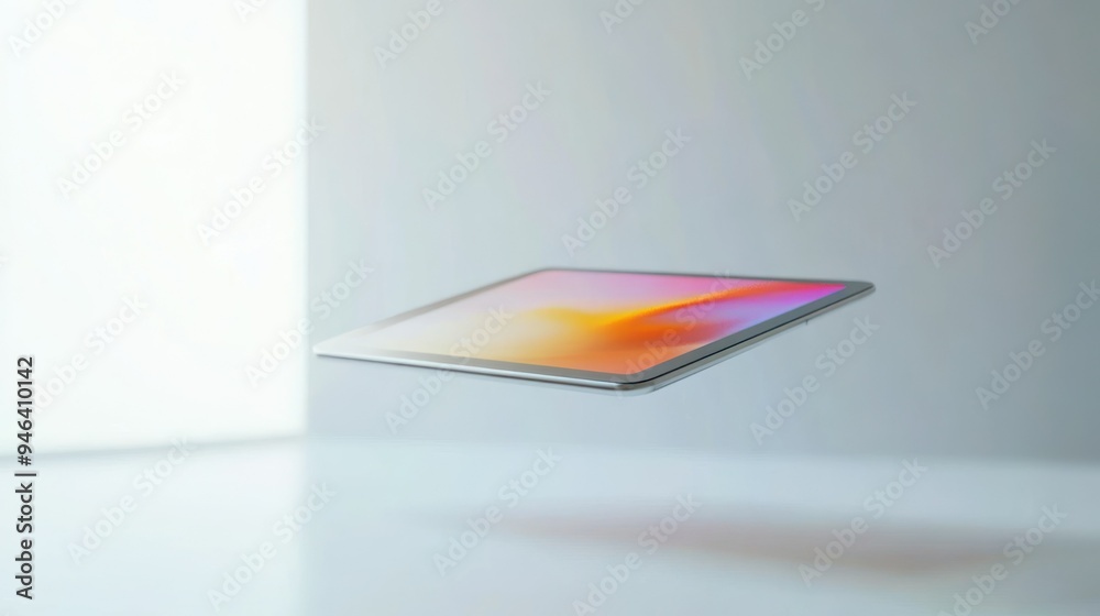 Poster a silver tablet floating in mid-air with a colorful abstract background
