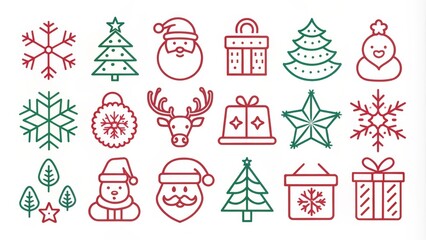 Collection of Christmas Line Icons Featuring Santa, Snowflakes, Gifts, and Trees in Red and Green