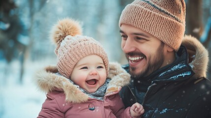 Fototapeta premium Father and baby girl smiling in a snowy forest during wintertime near a cozy cabin