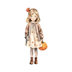 Watercolor cute girl bring a pumpkin in autumn vibe vector illustration, white background