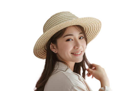Smiling Asian Woman Wearing Straw Sun Hat for Summer Fashion and Beach Vacation Lifestyle