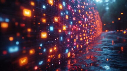 A futuristic urban street is illuminated by a holographic social media interface featuring vibrant icons glowing in various colors, creating a dynamic atmosphere.