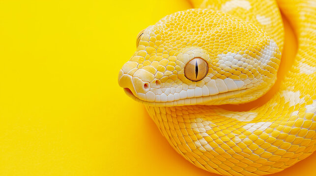 A close-up of a yellow snake with a white stripe, its eye focused on the viewer..