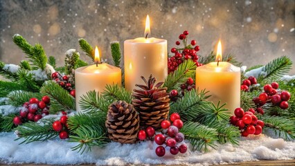 Elegant Christmas Candle Arrangement with Pinecones, Red Berries, and Snowy Greenery for Festive Decor