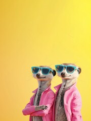 Meerkat pair in pink jackets and blue sunglasses over yellow background.