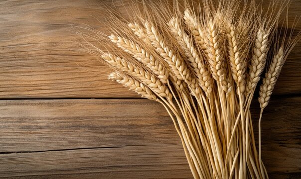 Wheat on a Wooden Table: Top-Down View of Natural Grain Texture