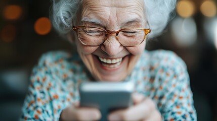An elderly woman with gray hair uses a smartphone with a focused expression, highlighting the intersection of technology and the elderly in a modern, dynamic world.