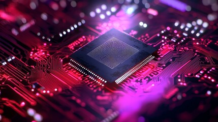 Microchip in a high-tech environment, vibrant circuit paths, 3D illustration