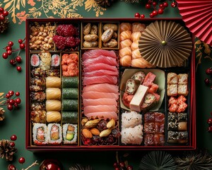 Holiday Sushi Feast TopDown View of a Festive Bento Box Filled with Delectable Bites Surrounded by Festive Decorations