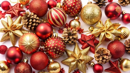 Elegant Christmas Decoration Arrangement with Red and Gold Baubles, Stars, and Pine Cones