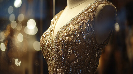 Obraz premium A close-up of a couture evening gown embellished with intricate beadwork and embroidery, displayed on a mannequin in a boutique window, with soft, ambient lighting highlighting the details