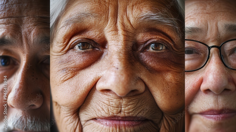 Poster three elderly individuals from various ethnicities display their serene expressions, reflecting a li