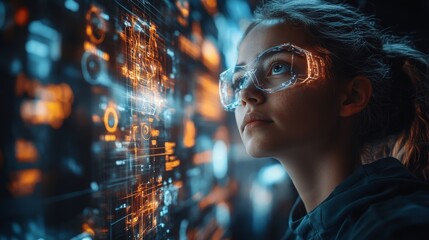 Students engage with a holographic teacher providing guidance in a modern classroom filled with interactive technology and digital displays.