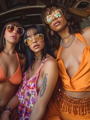 Trendy young adults in colorful retro fashion posing inside a vintage train car