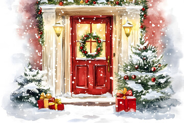 Watercolor greeting card illustration with Christmas decorated door on white background