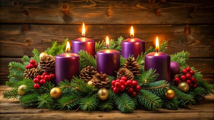 Traditional Christmas Advent Wreath with Four Lit Purple Candles and Pinecones on Rustic Wood