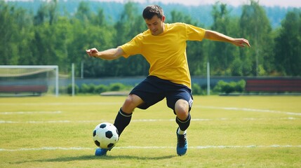 Obraz premium A young man in a yellow jersey controls the soccer ball on the field.