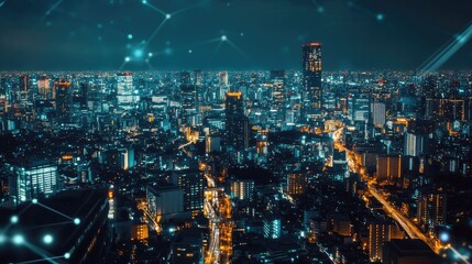 Aerial view of a city at night with digital network overlays, representing smart cities and IoT technology