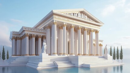 Obraz premium A White Marble Temple with Golden Accents Stands on a Platform Over a Pool of Water