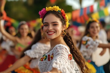 Fototapeta premium Vibrant Cultural Celebration: A group of people in traditional Hispanic attire, dancing joyfully at a street festival with colorful decorations and flags