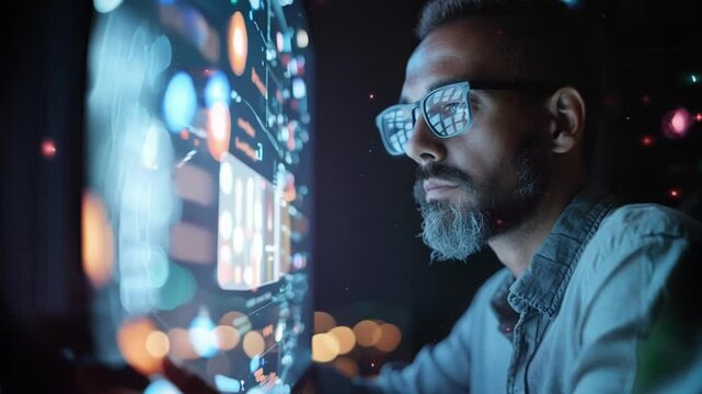 Software developer with glasses is working late, illuminated by the glow of a transparent computer screen displaying code and data visualizations
