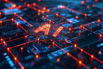 Digital illustration with the letters AI in the center of a glowing futuristic interface. Filled with abstract geometric patterns and light connections that symbolize advanced technology