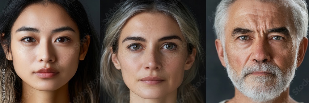 Aufkleber a captivating portrayal of three individuals with distinct features, representing diversity in age a