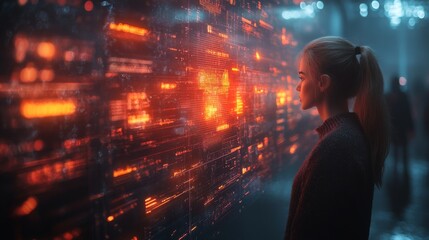 A woman observes a holographic timeline of a conversation, surrounded by glowing data patterns in a dimly lit space.