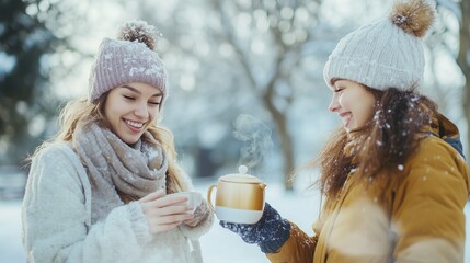 Friends enjoying a warm beverage in the snowy park on a chilly winter afternoon filled with laughter and happiness
