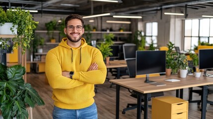 Fototapeta premium A cheerful young Indian man stands in a contemporary office space, wearing a hoodie and glasses, showcasing a relaxed and confident demeanor while smiling warmly